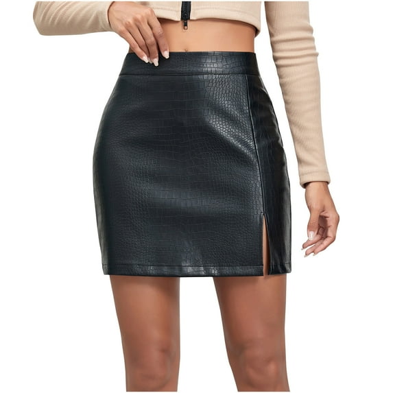 Womans PU Leather Skirt with Slit High Waist Fitted Short Mini Skirt Bodycon Pencil Skirts for Night Club (Small, Black)