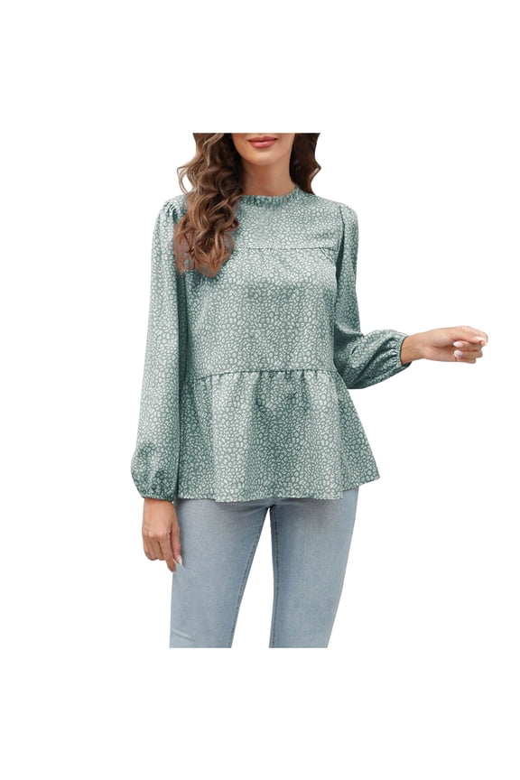 Womans Puff Long Sleeve Tops Elegant Dressy Casual Leopard Print Shirts Cute Ruffle Babydoll Blouses Fall Clothes (X-Large, Green)