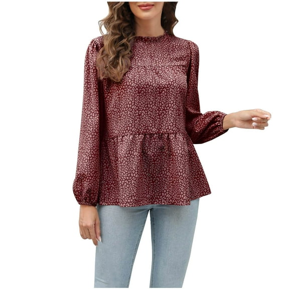 Womans Puff Long Sleeve Tops Elegant Dressy Casual Leopard Print Shirts Cute Ruffle Babydoll Blouses Fall Clothes (X-Large, Wine)