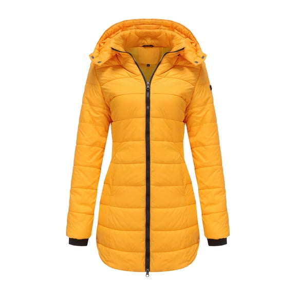 Womans Puffer Quilted Down Coat with Removable Hood Thick Long Jacket for Women Fitted Winter Overcoat Windbreaker (Medium, Yellow)