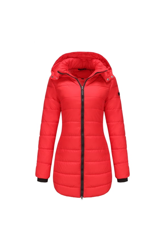 Womans Puffer Quilted Down Coat with Removable Hood Thick Long Jacket for Women Fitted Winter Overcoat Windbreaker (Small, Red)