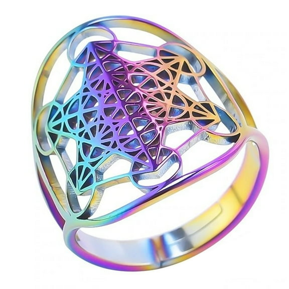 Womans Rainbow Metatrons Cube Ring Stainless Steel Spiritual Sacred Geometry Band Fantasy Forge Jewelry