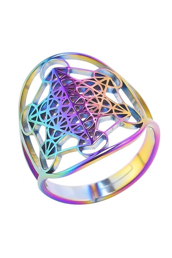 Womans Rainbow Metatrons Cube Ring Stainless Steel Spiritual Sacred Geometry Band Fantasy Forge Jewelry