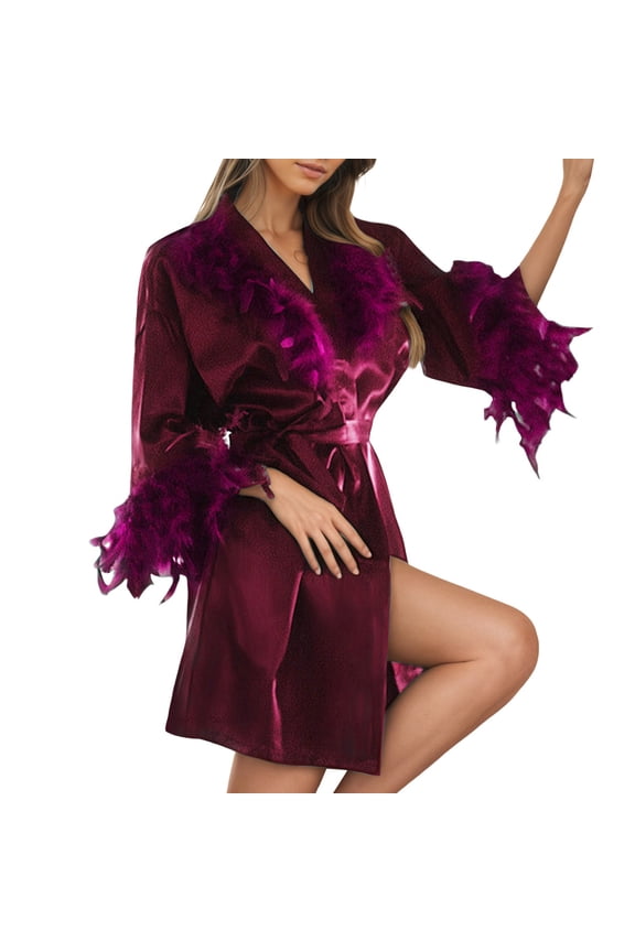 Womans Robe Silk Robe Feather Trim Light Cozy Robes for Women Valentines Bathrobes