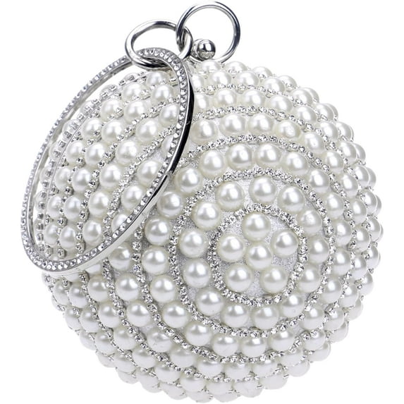 Womans Round Clutch Ball Crossbody Shoulder Bag Artificial Pearl Purse Ladies Rhinestone Handle Handbag