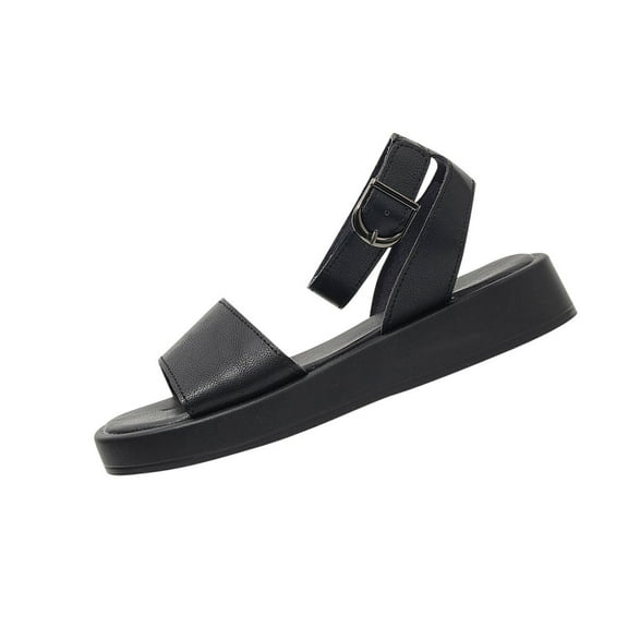 Womans Sandals Flat Heel Open Toe Summer Casual Daily Versatile Solid Color Women Footwear with Buckle Comfortable Ankle Strap Walking Beach Shoes Black 5.5