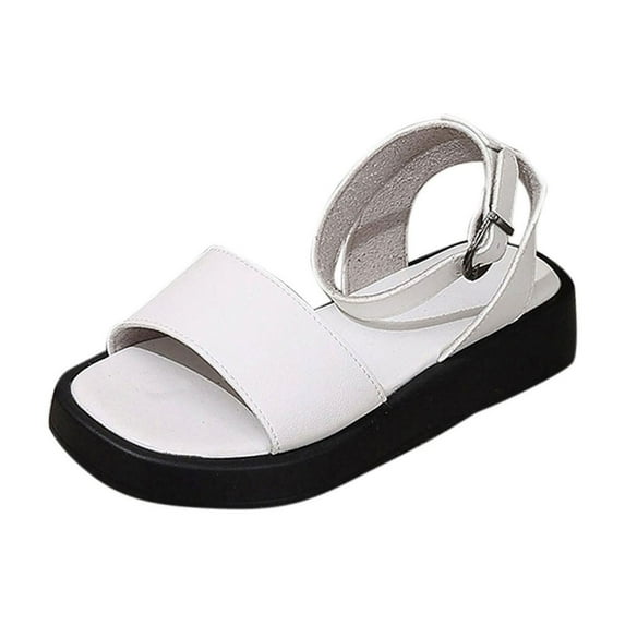 Womans Sandals Flat Heel Open Toe Summer Casual Daily Versatile Solid Color Women Footwear with Buckle Comfortable Ankle Strap Walking Beach Shoes White 7