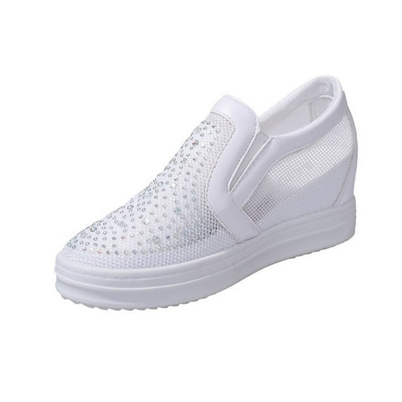Womans Sandals Oofos Slides for Women Women's Fashion Casual Spring And Summer Mesh Breathable Solid Color Rhinestone Round Toe Closed Toe Slip-On Thick-Soled Wedge Heel Sandals White