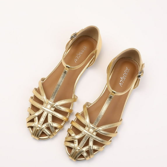 Womans Sandals Oofos Slides for Women Women Sandals Women's Fashion Casual Hollow Woven Pointed Toe Outdoor Flat Bottom Closed Toe Sandals Gold