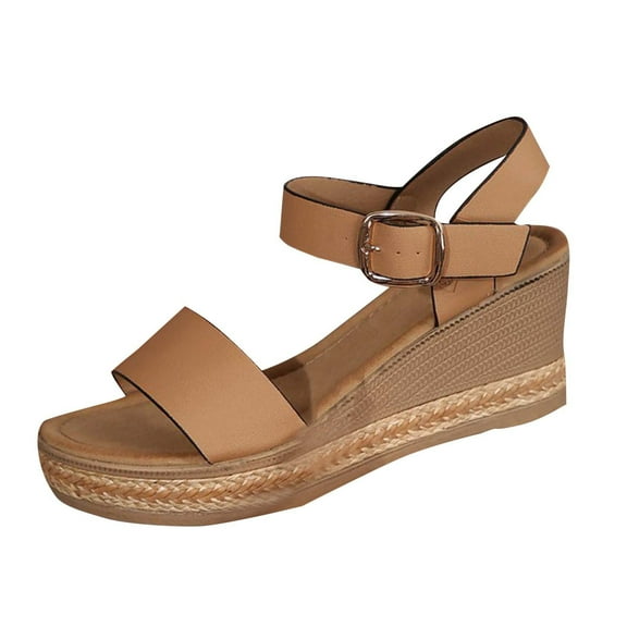 Womans Sandals Wedge Open Toe Casual Daily Solid Color Espadrilles Women Footwear Comfortable Ankle Strap Fashionable Wedge Heel Sandals Walking Beach Shoes Brown 8.5