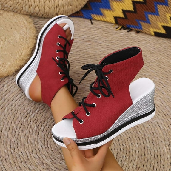 Womans Sandals Wedge Thick Heel Closed Toe Lace-up Shoes Casual Summer Beach Outdoor Footwear Dressy Sandals 6.5