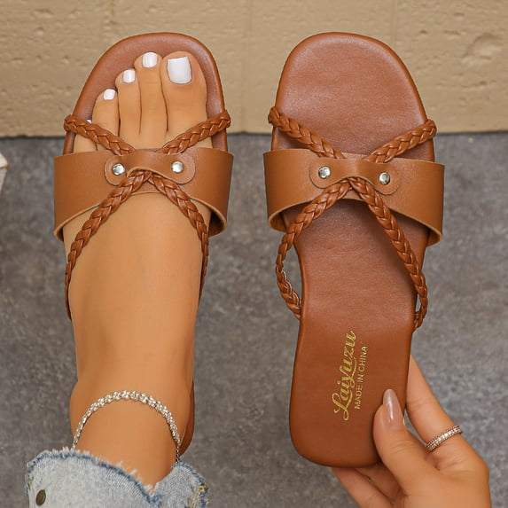 Womans Sandles Women's Versatile Plus-Size Strappy Sandals Spring/Summer Style Trendy Comfortable Heel Open Toe Two-Way Beach Flat Sandals.,Brown,41