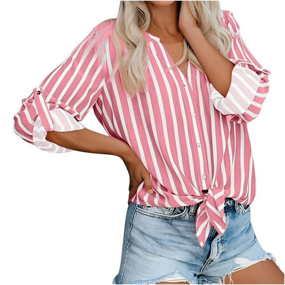Womans Shirts Fall Tops for Women Fashion V Neck Striped Roll Up Sleeve Blouses Tops With Pocket Loose Shirt