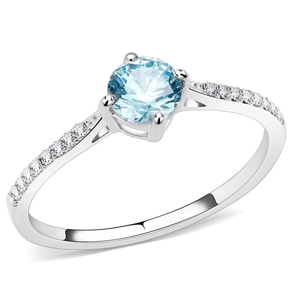 Womans Silver Aquamarine Ring High polished (no plating) 316L Stainless Steel Ring with AAA Grade CZ in Sea Blue DA019