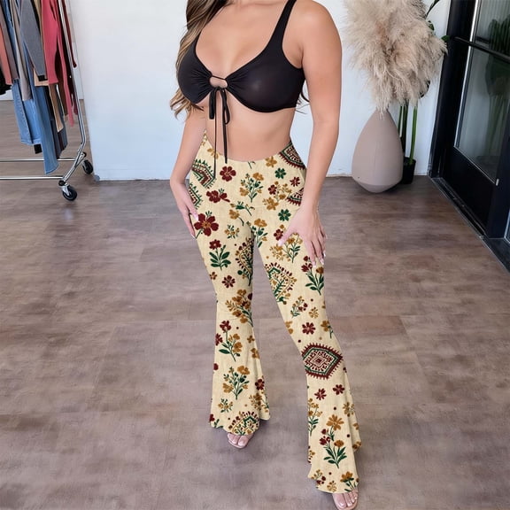 Womans Sweatpants Womens Sweatpants Women's Vintage Printed High Waisted Modern Tight Fitting Bag Hip Casual Plastic Flared Pants Long Pants,Beige,XL