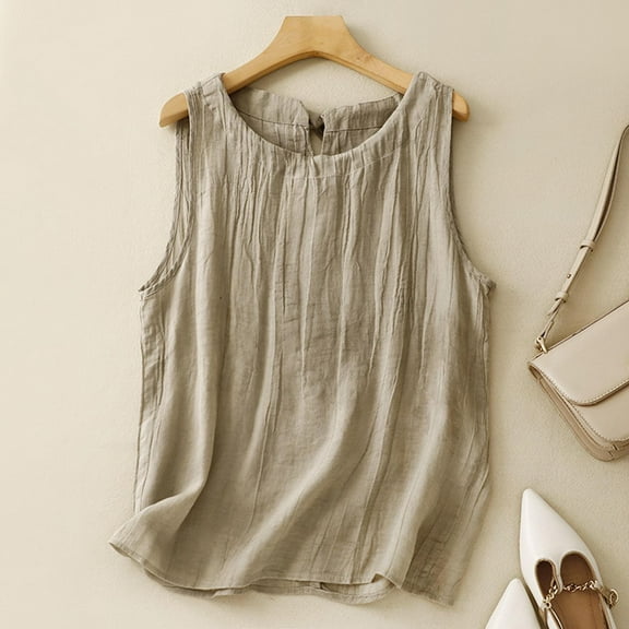 Womans Tank Tops Loose Fit Pleated Vest - Breathable Cotton Linen Sleeveless Top, Retro Casual Tank