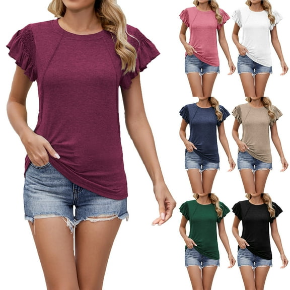 Womans Tops Plus Size Ruffle Short Sleeve Crew Neck Lightweight Tops & Blouses Summer Casual Loose Fitness Pullover T-Shirt Gifts for Women PinkXXL