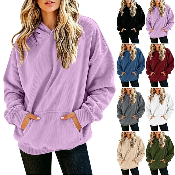Womans Tops Women's Fashion Solid Color Oversized Corduroy Hoodie Long Sleeve Pullover Sweatshirt Pocket Purple Xl
