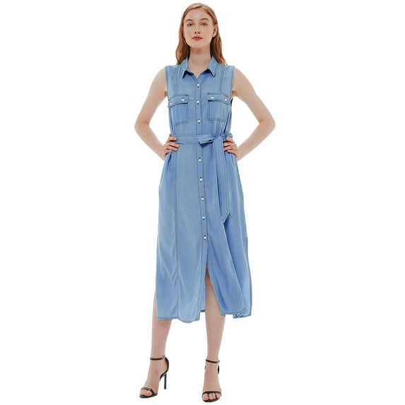 Wome's Fashion Vintage Sleeveless Jean Shirt Dress Button Up Denim Dress, Dark Denim, Medium