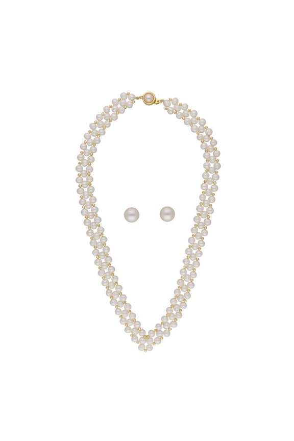 Wome's V Shape Classic Three Line Pearl Necklace Set Includes Stud Earrings