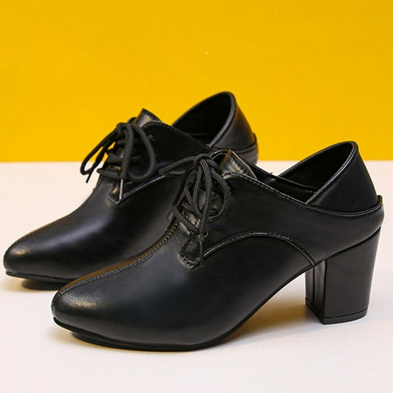 WomeWomen's Closed Toe Lace-Up Chunky Pumps Low Block Point Toe Heels Dress Classic Vintage Oxfords Shoes