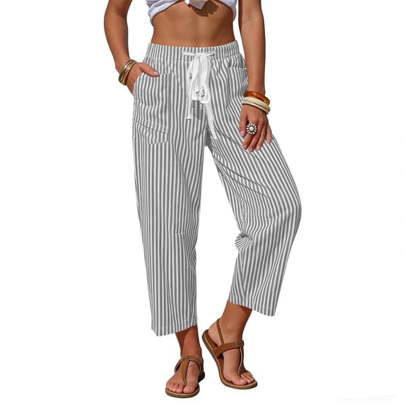 Womem's 28"Pants Striped Stretch Waistband with Drawstring Pockets Comfortable and Casual Loungewear