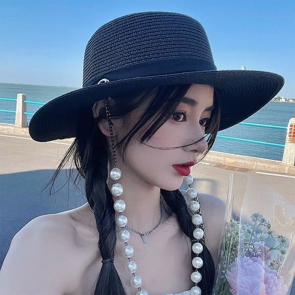 Womem's Straw Hat Summer Beach Hat Flat Top Sun Wide Brim UV Protection Cap with Pearl Chain