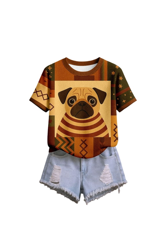 Womemn's Tee Shirt Color Block Cartoon Dog Short Sleeve Summer Knitted Athletic Blouse Orange 2XL