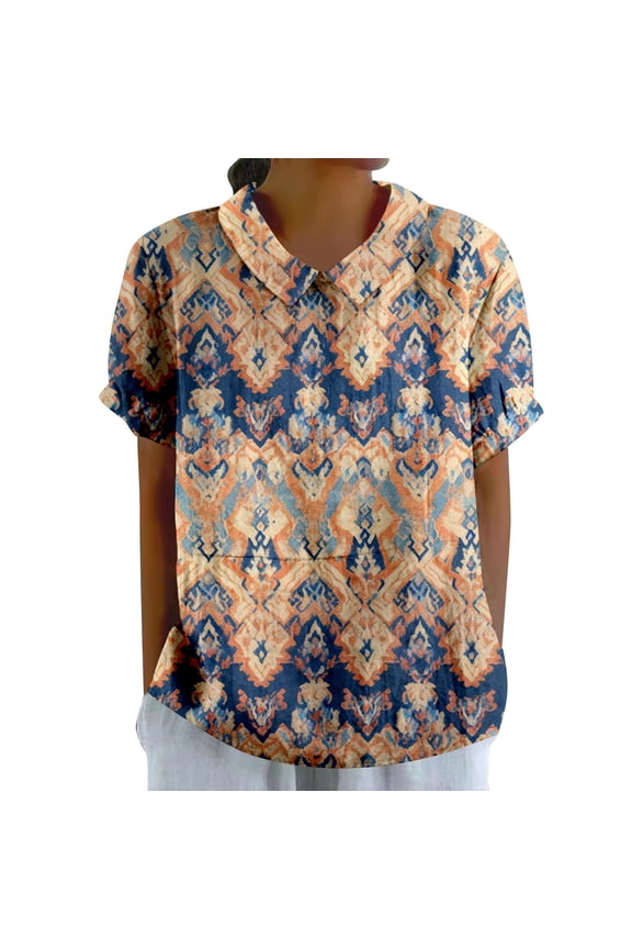 Womemn's Tee Shirt Summer Elegant Floral Print LooseClassic Collar Retro Casual Layer Clothes Multicolour L