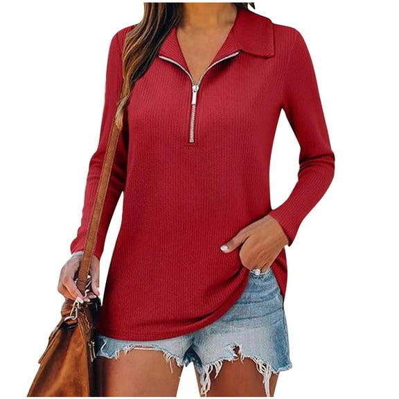 Women 1/4 Zip Pullover Rib-Knit Long Sleeve Lapel Neck Tunic Tops Loose Fit Solid Dressy Casual Fall Spring Clothes (L, Wine)