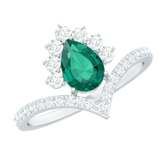 Rosec Jewels Designer Lab Grown Emerald Pear Shaped Engagement Ring (AAAA Grade) - Emerald Diamond Ring - with Jewelry Box, 10K White Gold, US 5.50