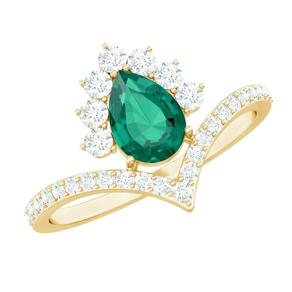 Rosec Jewels Designer Lab Grown Emerald Pear Shaped Engagement Ring (AAAA Grade) - Emerald Diamond Ring - with Jewelry Box, 14K Yellow Gold, US 3.50
