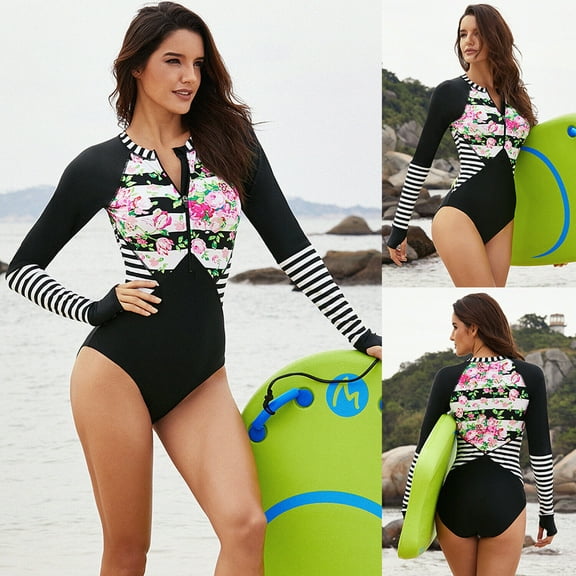 Women 1-Piece Long Sleeve Rash Guard UV UPF 50+ Sun Protection Zipper Swimsuit Swimwear Swimming Surfing Diving Suit