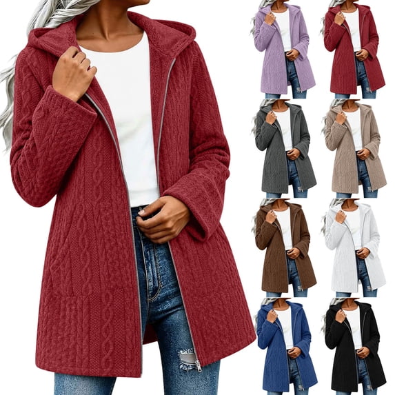 Women 100% Cotton Cable Knit Hooded Sevevn Long Coat Full Zip Front Long Sleeve Pocket Warm Casual Outer Jacket