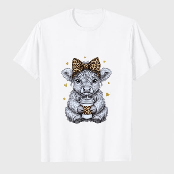 Women 100% Cotton T-Shirt Coffee Highland Cow Graphic Casual Crew Neck Tee For Daily Wear