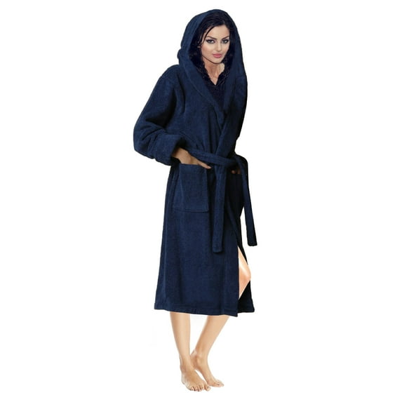 Women 100% Luxury Terry Cotton Hooded Shawl Bathrobe Toweling Spa