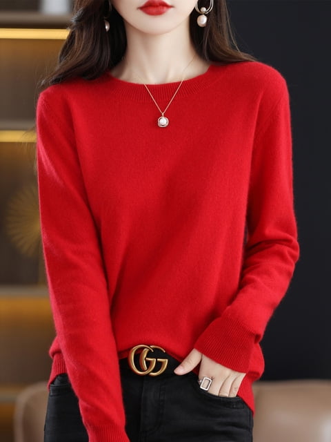 Women 100% Merino Wool Cashmere Sweater O-Neck Pullover Knitted Casual ...