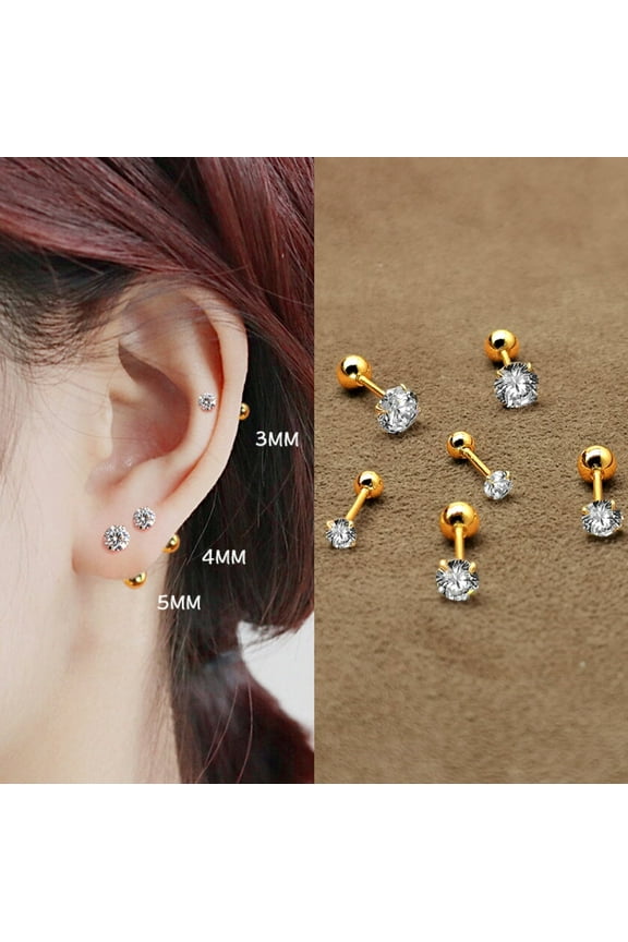Women 14K Gold Plated CZ Stud Earrings Set (3 Pairs), Hypoallergenic Stainless Steel Sleep Earrings