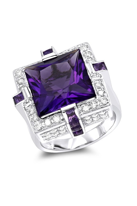 Women 14K Large Natural 1.2 Ctw Diamond 12.9 Ctw Amethyst Cocktail Ring (White Gold Size 7)