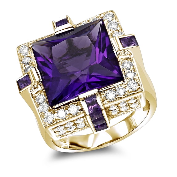 Women 14K Large Natural 1.2 Ctw Diamond 12.9 Ctw Amethyst Cocktail Ring (Yellow Gold Size 7)