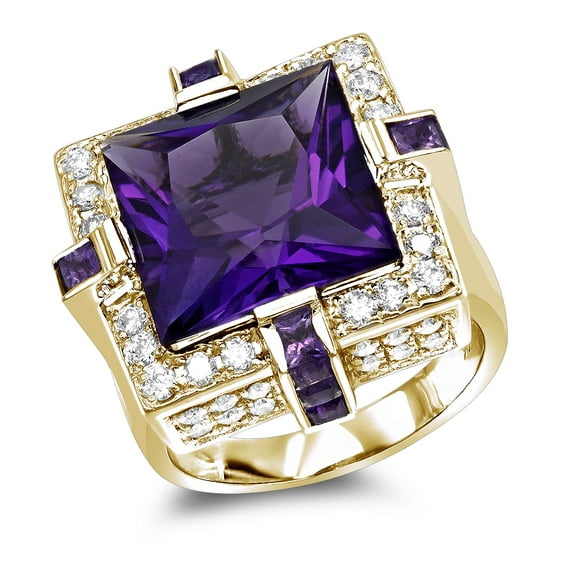 Women 14K Large Natural 1.2 Ctw Diamond 12.9 Ctw Amethyst Cocktail Ring (Yellow Gold Size 8.5)
