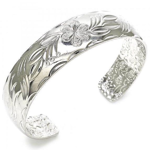 Women 15.5mm Rhodium Plated Flower and Leaf Cuff Bangle Bracelet 6.8" One Size Fits All + Polishing Cloth