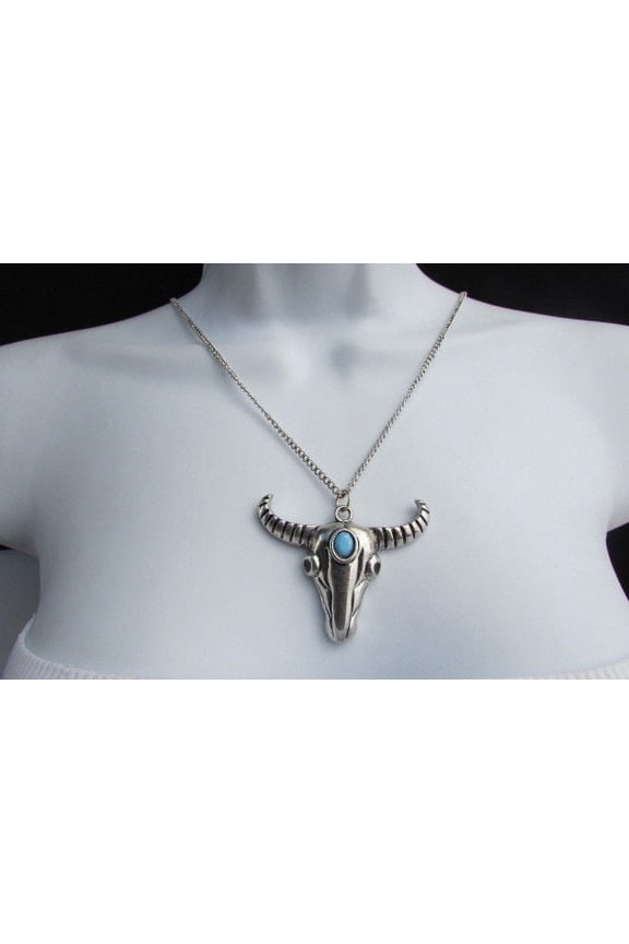Women 17" Long Western Fashion Necklace Silver Chain Big Bull Skull Skeleton