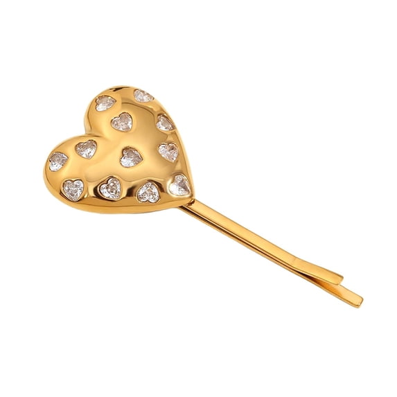 Women 18K PVD Gold Plated Heart-Shaped Crystal Hair Pin Side Clips, Stainless Steel Non Tarnish Side Pin with Rhinestones, Decorative Hair Accessory Fashion Jewelry Gifts For Birthdays Anniversary