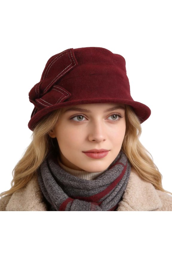 Women 1920s Cloche Bucket Winter Hat with Bow Knot and Flower