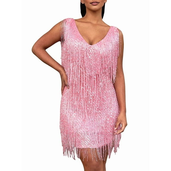 Women 1920s Dance Dress Sequin Tassel Fringe Flapper Latin Rumba Dress Tango Ballroom Dancing Dresses Pink XL