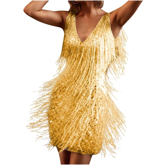 Women 1920s Sequin Dress V Neck Flapper Homecoming Dresses Fringe Wedding Club Party Evening Gown