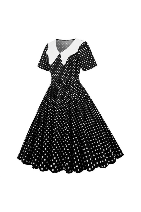 Women 1950s Cape Collar Dresses 50s Vintage Short Sleeve Cocktail Swing Dress Polka Dot Rockabilly Prom Midi Dress