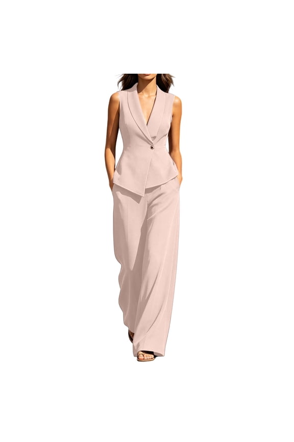 Women 2 PC Suits Sets Sleeveless Collared Dressy Blazer Vest Straight Leg Loose Trousers Matching Set Pink S
