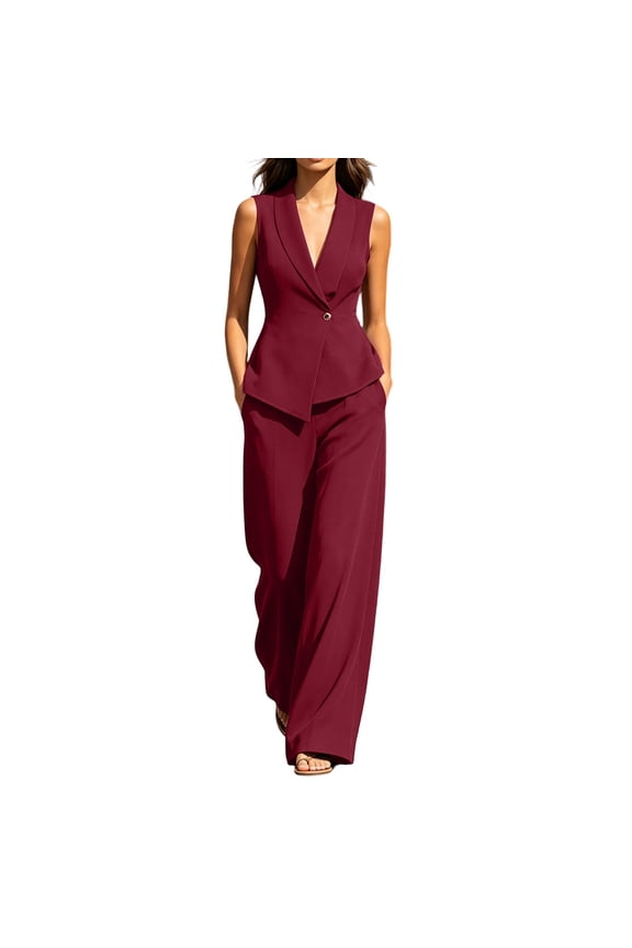 Women 2 PC Suits Sets Sleeveless Collared Dressy Blazer Vest Straight Leg Loose Trousers Matching Set Red L